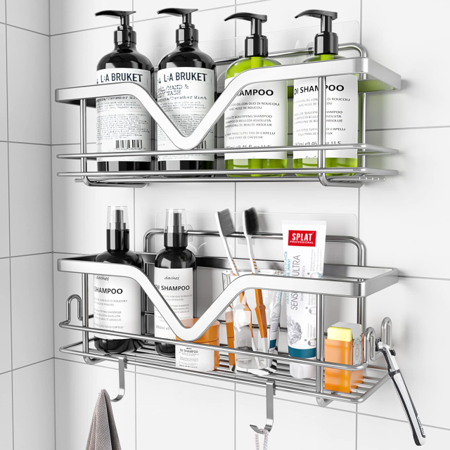 SIXDOVE Shower Caddies 2 PACK - No Drilling Adhesive Shower Organizer with Hooks, Rustproof SUS304 Stainless Steel Bathroom Shower Shelf, Shower Rack Large Shower Holder & Kitchen Storage(Matte Black)