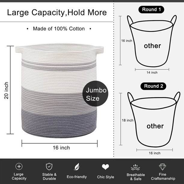 SIXDOVE Cotton Laundry Basket Woven Rope Laundry Hamper Large & 20"×16" Height Storage Laundry Basket