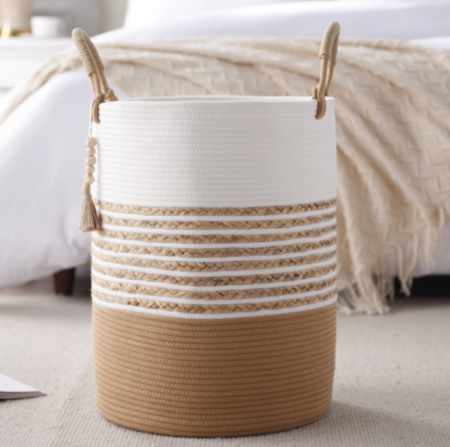 CherishGard Cotton Laundry Basket Woven Rope Tassel Decoration Laundry Hamper Large Storage Laundry Basket