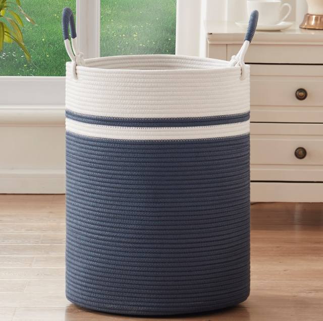 CHERISHGARD Cotton Laundry Hamper Woven Rope Large &19.7"× 14.9" Height Tall Storage Laundry Basket Blue