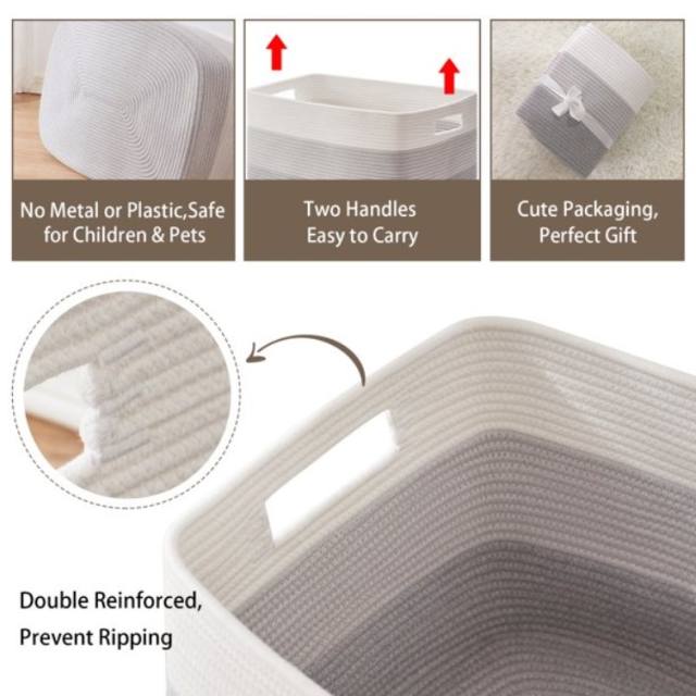 CHERISHGARD Cotton Laundry Basket Woven Rope Laundry Hamper Large & 21.6"×11.9"×11.8" Storage Laundry Basket