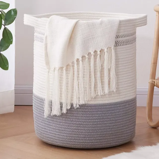 CHERISHGARD Cotton Laundry Basket Woven Rope Laundry Hamper Large &amp; 18&quot;×16&quot; Height Tall Storage Laundry Basket