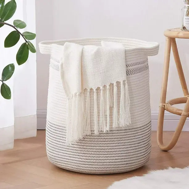 CHERISHGARD Cotton Laundry Basket Woven Rope Laundry Hamper Large & 18"×16" Height Tall Storage Laundry Basket