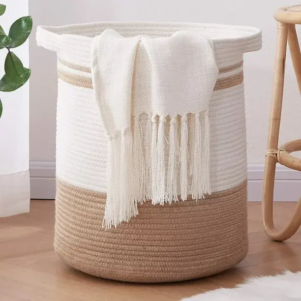 CHERISHGARD Cotton Laundry Basket Woven Rope Laundry Hamper Large & 18"×16" Height Tall Storage Laundry Basket