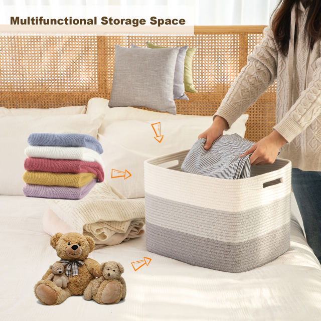 CHERISHGARD 42L Cotton Rope storage Basket With Handles，Rectangle Laundry Basket for storage，Toy Basket for Organizing
