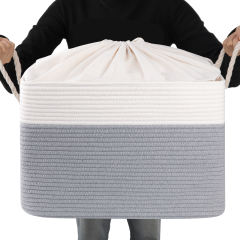 CHERISHGARD Laundry Basket with Drawstring Closure ，Storage Basket for Organizing，Rectangle Woven Cotton Rope Storage Basket with Handles