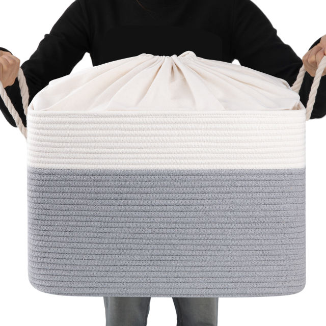 CHERISHGARD Laundry Basket with Drawstring Closure ，Storage Basket for Organizing，Rectangle Woven Cotton Rope Storage Basket with Handles