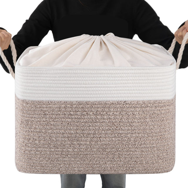 CHERISHGARD Laundry Basket with Drawstring Closure ，Storage Basket for Organizing，Rectangle Woven Cotton Rope Storage Basket with Handles