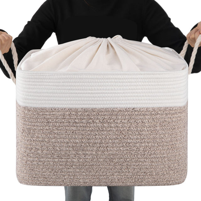 CHERISHGARD Laundry Basket with Drawstring Closure ，Storage Basket for Organizing，Rectangle Woven Cotton Rope Storage Basket with Handles