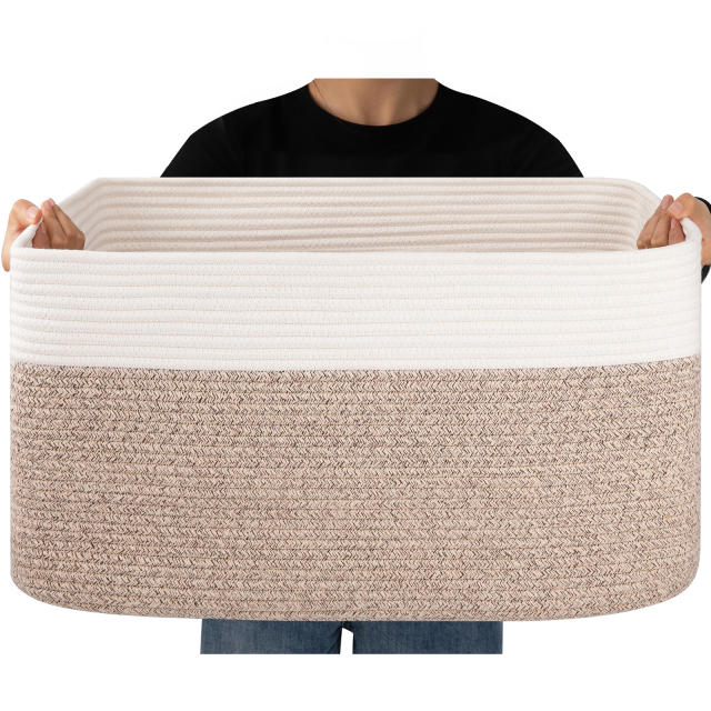 CHERISHGARD Large Rectangle Blanket Basket， Cotton Rope Baskets for Storage, Woven Laundry Basket for Blankets, Clothes, Toys
