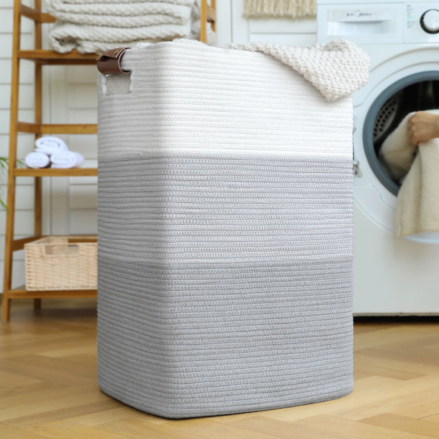 CHERISHGARD laundry Hamper， 90L Large Laundry Basket， Woven Storage Basket with Leather Handles， Cotton Rope Baskets for Living Room