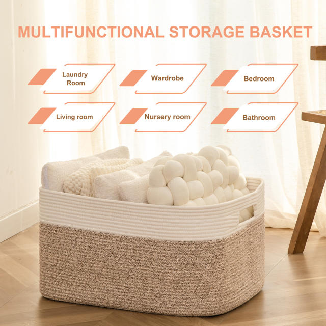 CHERISHGARD Large Rectangle Blanket Basket， Cotton Rope Baskets for Storage, Woven Laundry Basket for Blankets, Clothes, Toys