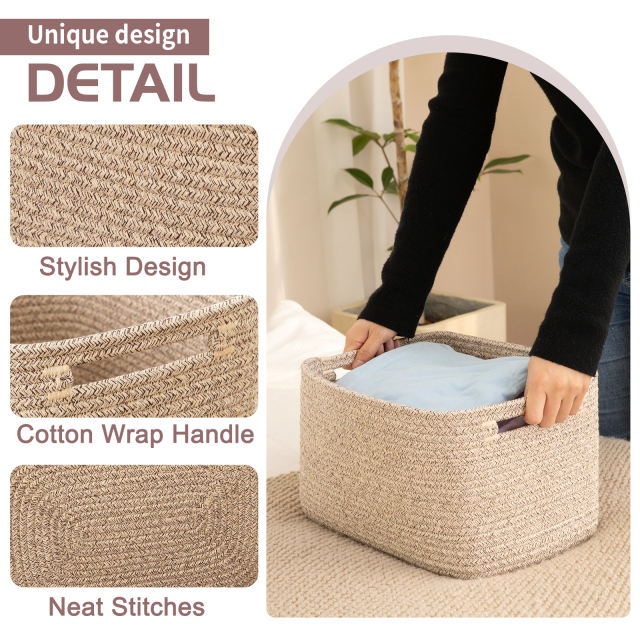 CHERISHGARD Cotton Rope Woven Storage Baskets, Laundry Baskets With Handles,Rectangle Decorative Baskets For storage Clothes Toys Books