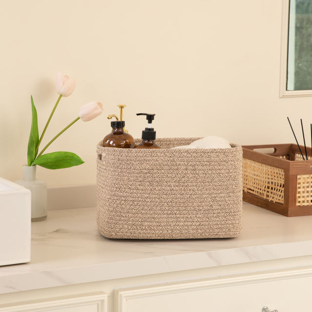 CHERISHGARD Cotton Rope Woven Storage Baskets, Laundry Baskets With Handles,Rectangle Decorative Baskets For storage Clothes Toys Books
