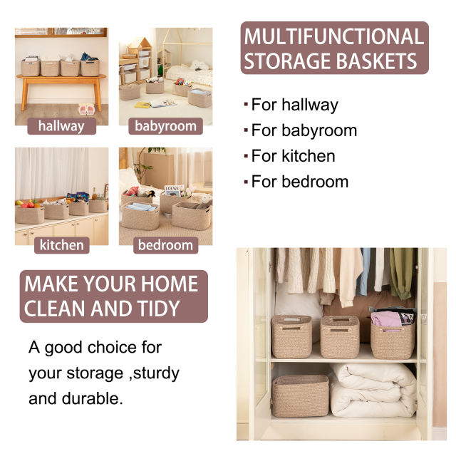 CHERISHGARD Cotton Rope Woven Storage Baskets, Laundry Baskets With Handles,Rectangle Decorative Baskets For storage Clothes Toys Books