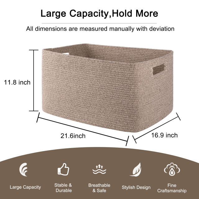 CHERISHGARD Large Laundry Basket, Rectangle Cotton Rope Storage Baskets, Cotton Rope Basket with Handles