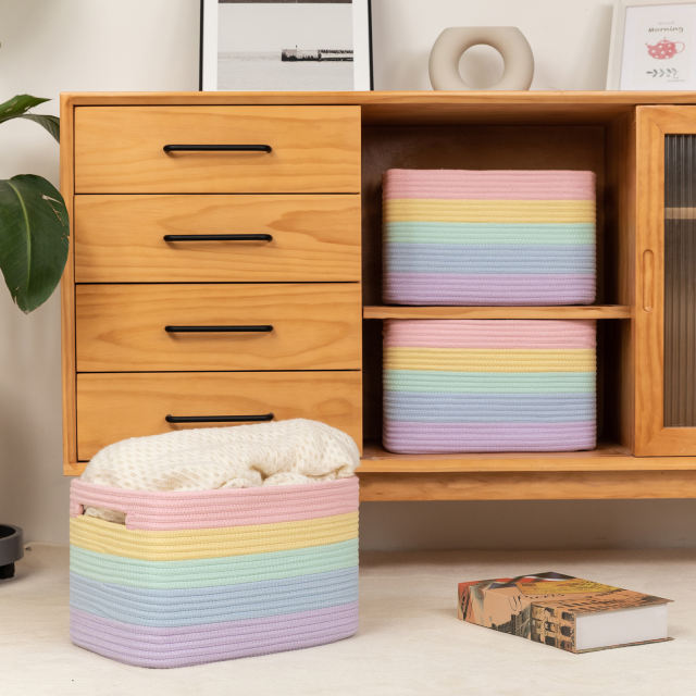 CHERISHGARD Cotton Rainbow Storage Baskets，Woven Closet Organizers，Baby Basket for Nursery Storage
