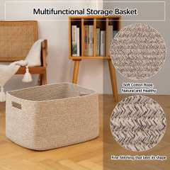 CHERISHGARD Large Laundry Basket, Rectangle Cotton Rope Storage Baskets, Cotton Rope Basket with Handles
