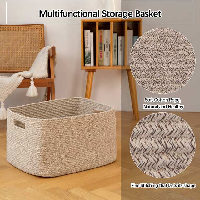 CHERISHGARD Large Laundry Basket, Rectangle Cotton Rope Storage Baskets, Cotton Rope Basket with Handles