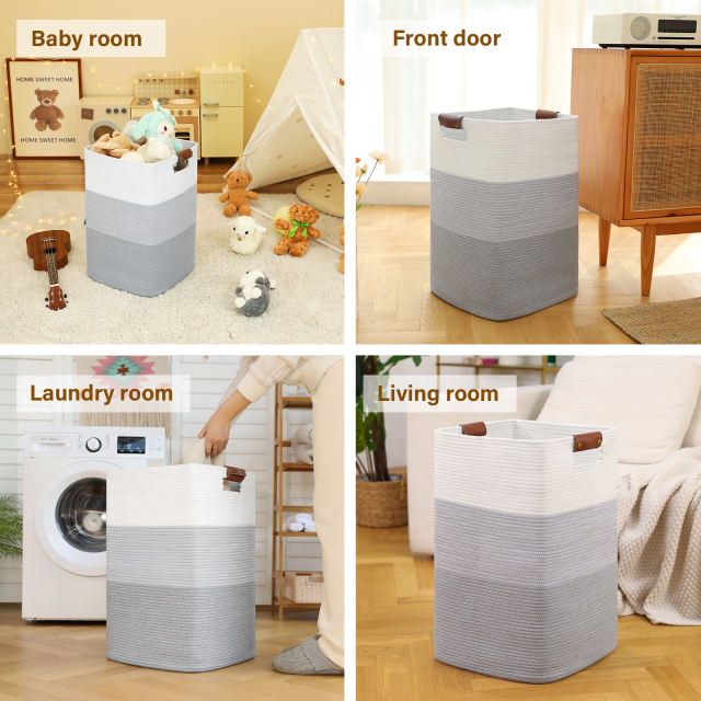 CHERISHGARD laundry Hamper， 90L Large Laundry Basket， Woven Storage Basket with Leather Handles， Cotton Rope Baskets for Living Room