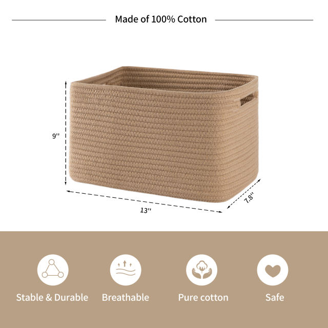 CHERISHGARD Cotton Rope Woven Storage Baskets, Laundry Baskets With Handles,Rectangle Decorative Baskets For storage Clothes Toys Books