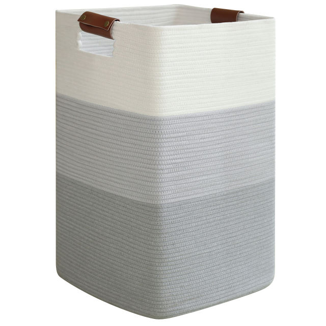 CHERISHGARD laundry Hamper， 90L Large Laundry Basket， Woven Storage Basket with Leather Handles， Cotton Rope Baskets for Living Room