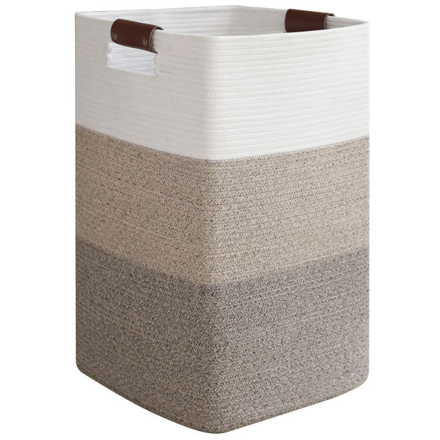 CHERISHGARD laundry Hamper， 90L Large Laundry Basket， Woven Storage Basket with Leather Handles， Cotton Rope Baskets for Living Room
