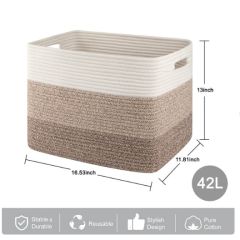 CHERISHGARD 42L Cotton Rope storage Basket With Handles，Rectangle Laundry Basket for storage，Toy Basket for Organizing