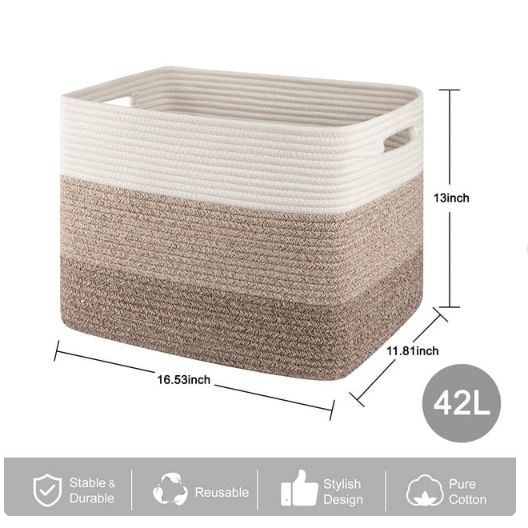 CHERISHGARD 42L Cotton Rope storage Basket With Handles，Rectangle Laundry Basket for storage，Toy Basket for Organizing