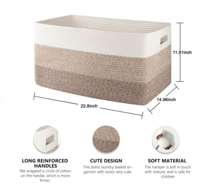 CHERISHGARD 66L Large Cotton Rope Basket,Storage Basket for Organizing ，Rectangle Woven Baskets for Storage，Laundry Hamper for Blankets Clothes Toys Towels Pillows