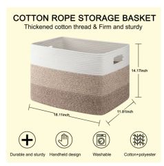 CHERISHGARD 50L Large Cotton Rope Basket,Storage Basket for Organizing ，Rectangle Woven Baskets for Storage，Laundry Hamper for Blankets Clothes Toys Towels Pillows