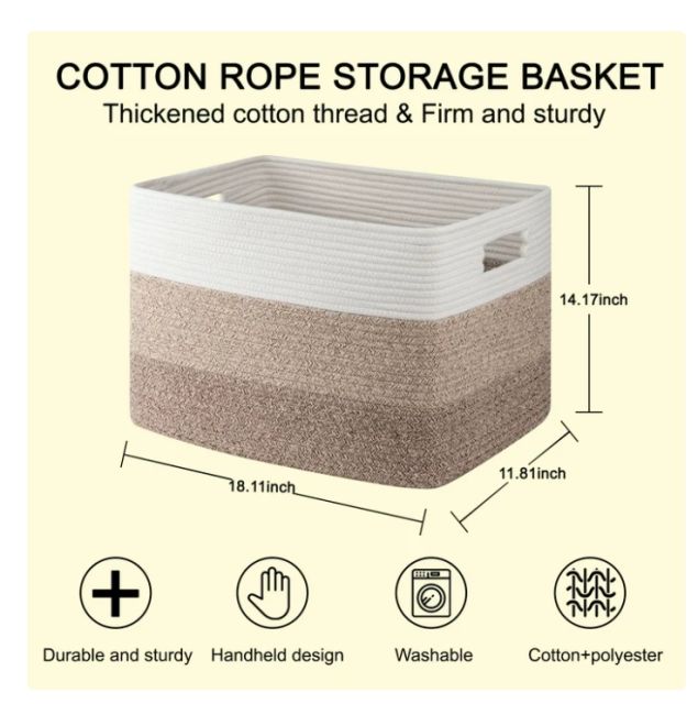 CHERISHGARD 50L Large Cotton Rope Basket,Storage Basket for Organizing ，Rectangle Woven Baskets for Storage，Laundry Hamper for Blankets Clothes Toys Towels Pillows