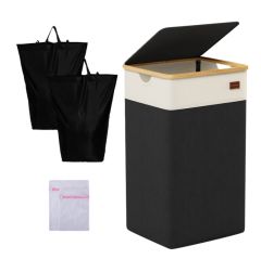 CHERISHGARD 100L Large Laundry Basket with Lid, Tall Laundry Basket with Bamboo Handles, Freestanding Collapsible Laundry Hamper with Inner Bag