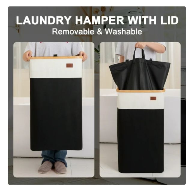 CHERISHGARD 100L Large Laundry Basket with Lid, Tall Laundry Basket with Bamboo Handles, Freestanding Collapsible Laundry Hamper with Inner Bag