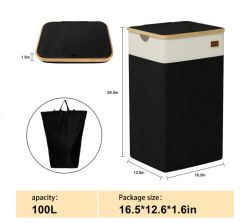CHERISHGARD 100L Large Laundry Basket with Lid, Tall Laundry Basket with Bamboo Handles, Freestanding Collapsible Laundry Hamper with Inner Bag