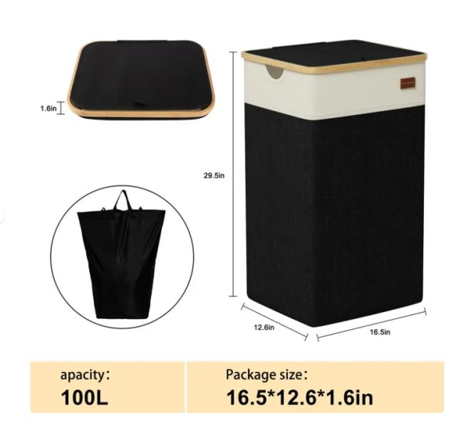 CHERISHGARD 100L Large Laundry Basket with Lid, Tall Laundry Basket with Bamboo Handles, Freestanding Collapsible Laundry Hamper with Inner Bag