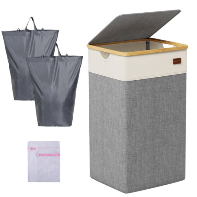 CHERISHGARD 100L Large Laundry Basket with Lid, Tall Laundry Basket with Bamboo Handles, Freestanding Collapsible Laundry Hamper with Inner Bag