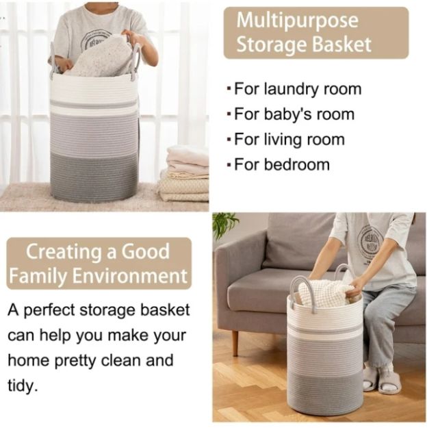 CHERISHGARD Laundry Hamper，Woven Cotton Rope Laundry Hamper with Handles for Blanket, Toys