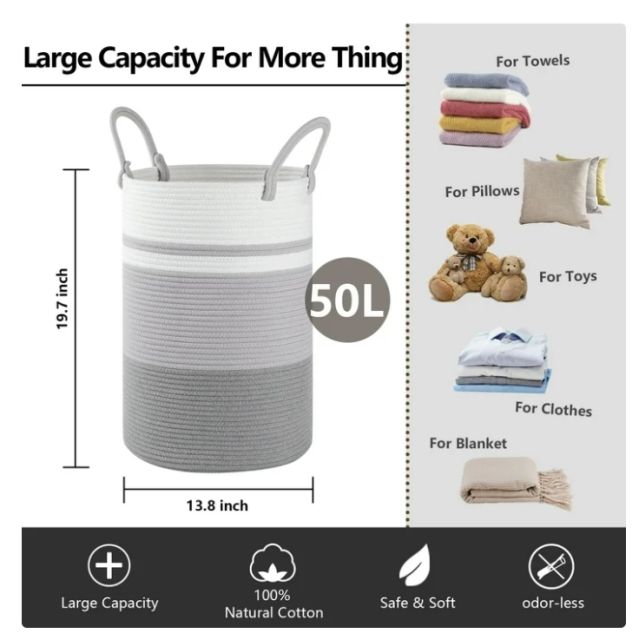 CHERISHGARD Laundry Hamper，Woven Cotton Rope Laundry Hamper with Handles for Blanket, Toys