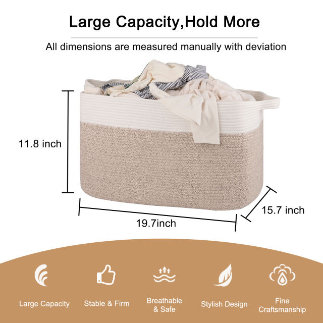 CHERISHGARD 60L Large Laundry Basket, Rectangle Woven Cotton Rope Storage Basket with Handles, Wicker Laundry Basket Hamper, Blanket Basket Living Room, Storage Basket for Toys，19.7"x15.8"x11.8"