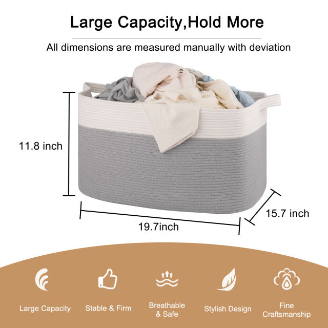 CHERISHGARD 60L Large Laundry Basket, Rectangle Woven Cotton Rope Storage Basket with Handles, Wicker Laundry Basket Hamper, Blanket Basket Living Room, Storage Basket for Toys，19.7"x15.8"x11.8"