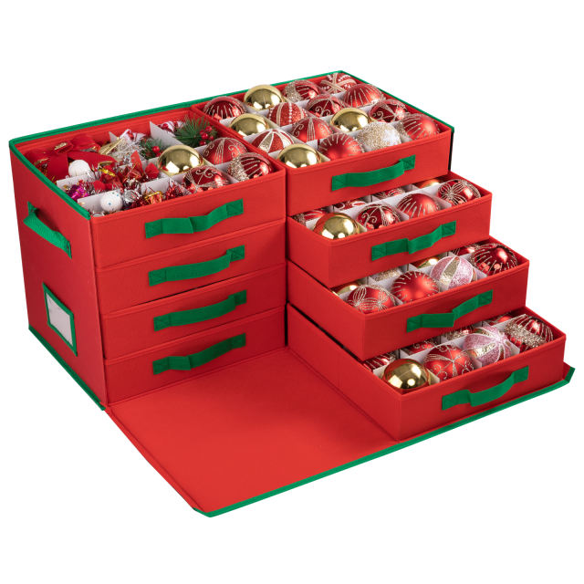 CHERISHGARD 600D Oxford Fabric Drawer Christmas Ornament Organizer with Eight Trays, Holds 128 Decorations，26"L*13"W*14"H