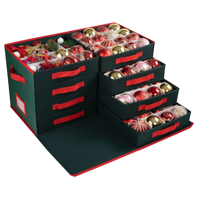CHERISHGARD 600D Oxford Fabric Drawer Christmas Ornament Organizer with Eight Trays, Holds 128 Decorations，26"L*13"W*14"H