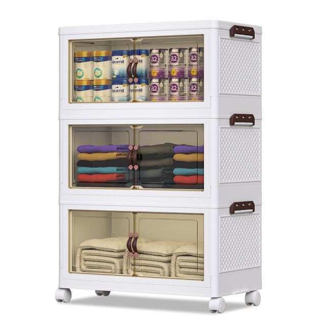 Cherishgard Storage Bins with Lids, Folding Stackable Storage Box with Doors and Wheels, Closet Organizers and Storage 4Pack(58L per pack)