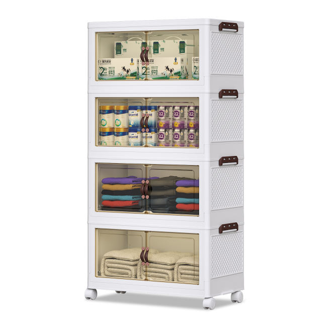 Cherishgard Storage Bins with Lids, Folding Stackable Storage Box with Doors and Wheels, Closet Organizers and Storage 4Pack(58L per pack)