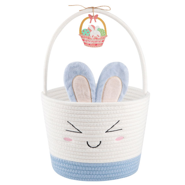 CHERISHGARD Easter Cute Bunny Baskets for Kids Egg Hunt，Basktes with Bunny Ears，Small Woven Rope Baskets for Organizing, 8L