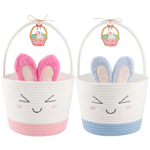 CHERISHGARD Easter Cute Bunny Baskets for Kids Egg Hunt，Basktes with Bunny Ears，Small Woven Rope Baskets for Organizing, 8L