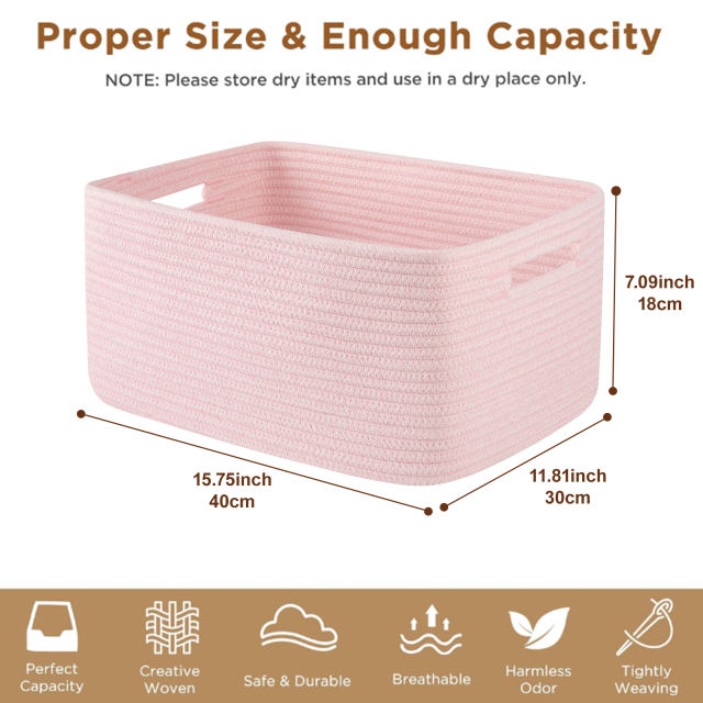 CHERISHGARD Cotton Storage Basket 2 Pieces 22L, 15.75"x11.81"x7.08" , Woven Storage Basket, Durable Cotton Rope Material, Multi-Functional Storage for Living Room Bedroom Bathroom