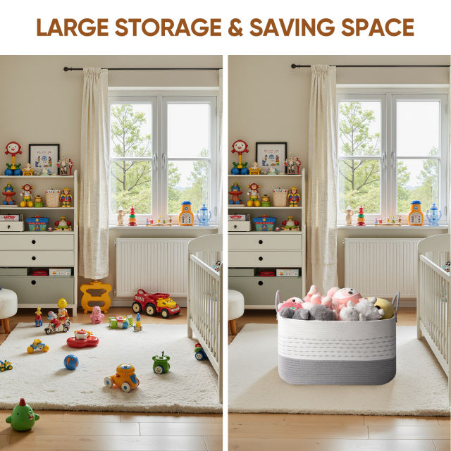 CHERISHGARD Large Woven Storage Basket, 24.80*15.75*15.75, Rectangle Cotton Rope Basket, 100L Capacity for Blankets, Toys, Clothes Organizing with Handles
