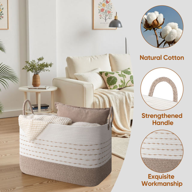 CHERISHGARD Large Woven Storage Basket, 21.65”x16.93”x11.81” Rectangle Cotton Rope Basket, 70L Capacity for Blankets, Toys, Clothes Organizing with Handles